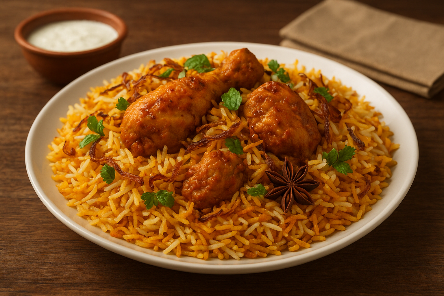 A picture of freshly cooked chicken biryani