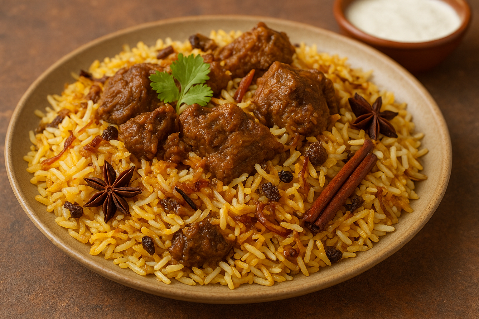 A picture of freshly cooked lamb biryani