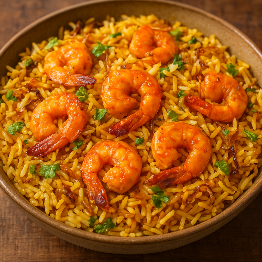 A picture of freshly cooked Prawn biryani